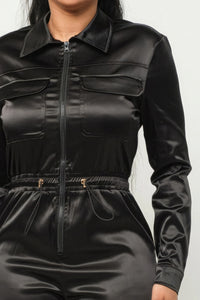 Shining Honor Zipper Pocket Satin Jumpsuit (Black)