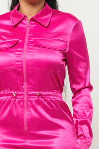 Shining Honor Zipper Pocket Satin Jumpsuit (Fuschia)