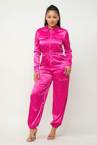 Shining Honor Zipper Pocket Satin Jumpsuit (Fuschia)