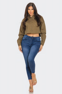 Written In the Stars Rhinestone Embellished Denim Button Down (Olive)