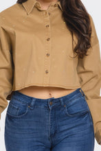 Load image into Gallery viewer, Written In the Stars Rhinestone Embellished Denim Button Down (Taupe)