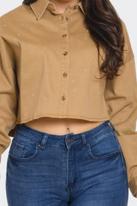 Written In the Stars Rhinestone Embellished Denim Button Down (Taupe)