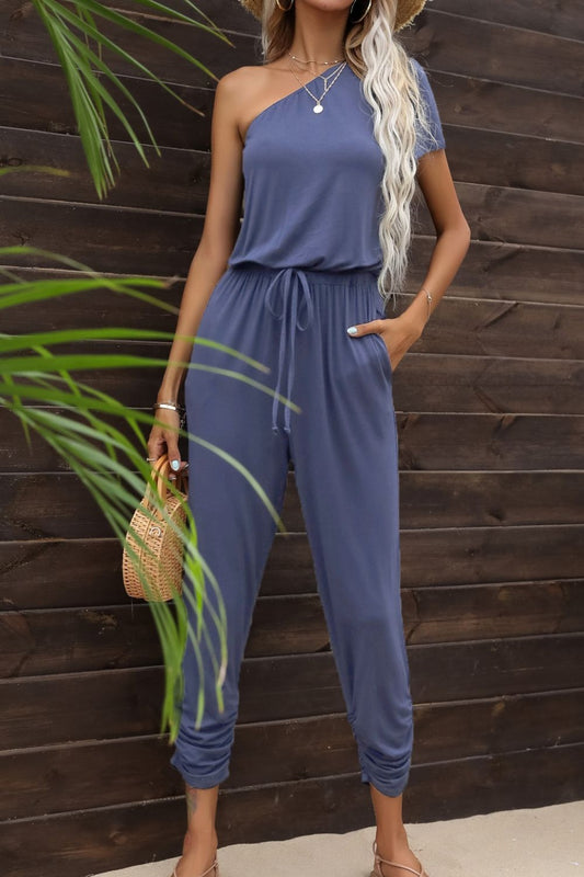 Cre8ed2Luv’s Drawstring Waist One-Shoulder Jumpsuit with Pockets