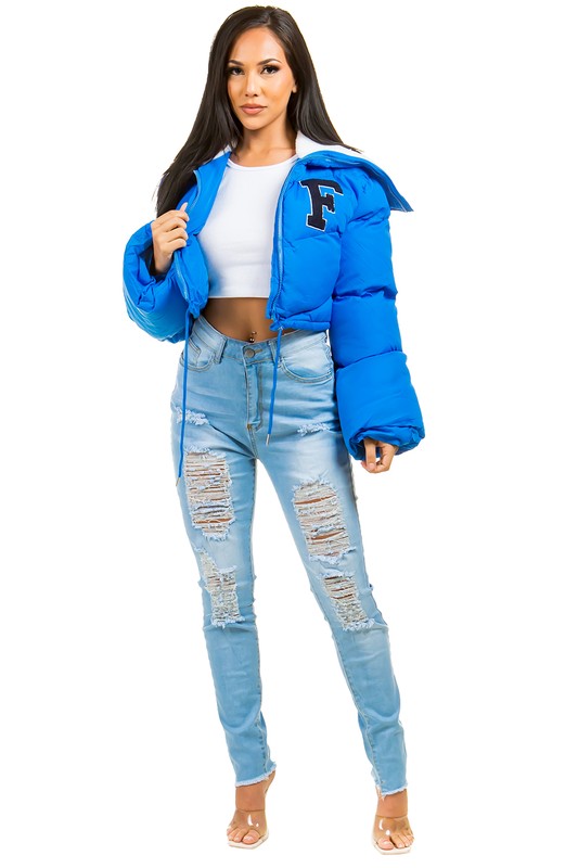 Cre8ed2Luv’s Varsity Puffer Jacket in Blue
