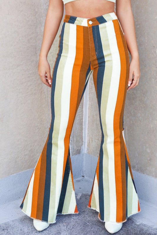 Cre8ed2luv's Multicolor Striped Print High Waist Flare Denim Pants