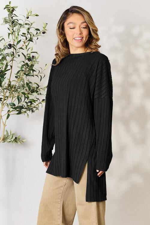 Cre8ed2luv's Size Ribbed Round Neck Long Sleeve Slit Top
