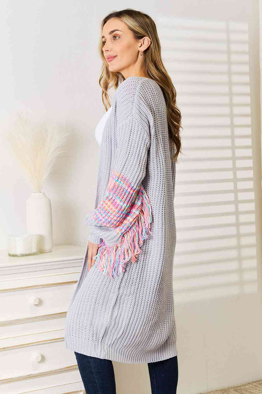 Cre8ed2luv's Woven Right Fringe Sleeve Dropped Shoulder Cardigan