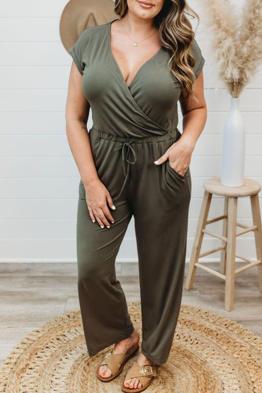 Cre8ed2Luv’s Drawstring Straight Leg Wrap V Neck Jumpsuit in Green