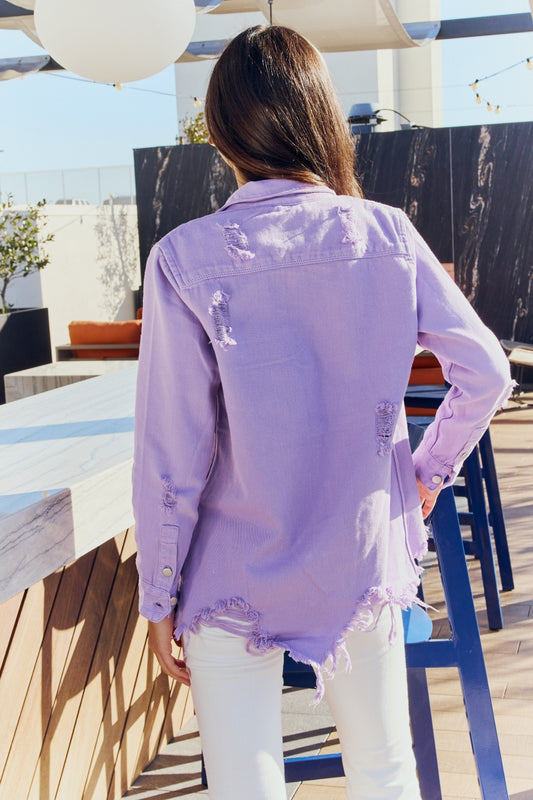 Cre8ed2Luv’s Trina Full Size Distressed Button Down Denim Jacket in Lavender