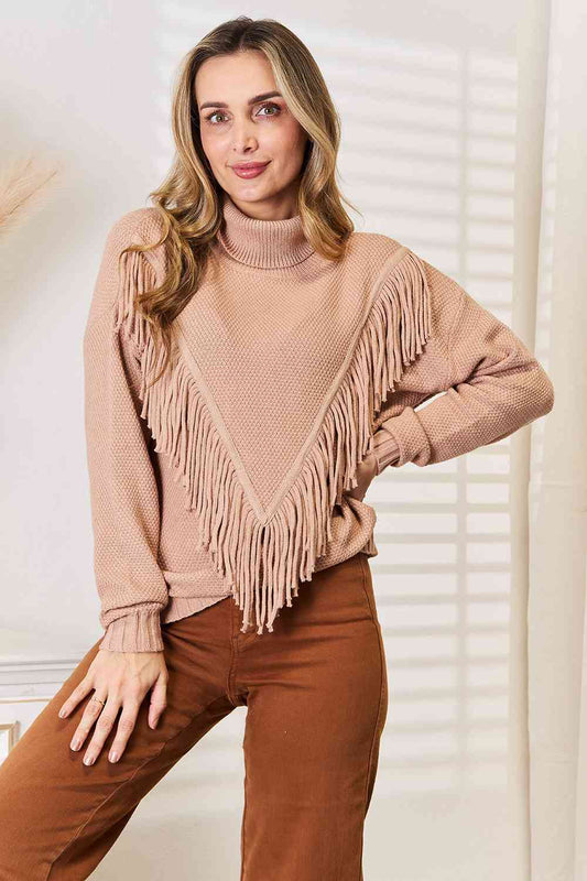 Cre8ed2luv's Woven Front-Fringe Turrleneck Sweater