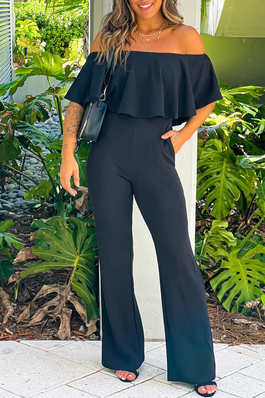 Cre8ed2Luv’s Ruffled Off Shoulder High Waist Jumpsuit in Black