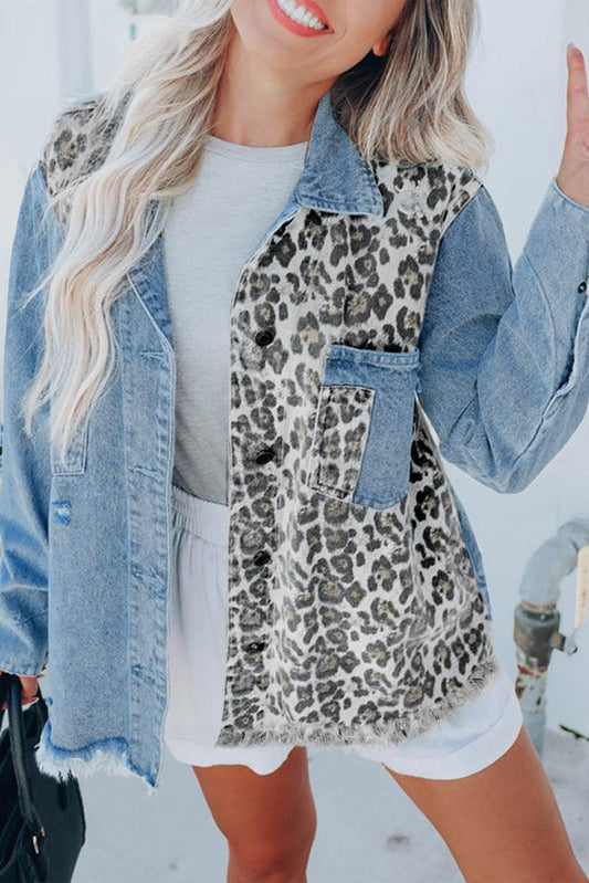 Sky Blue Leopard Contrast Splice Denim Jacket