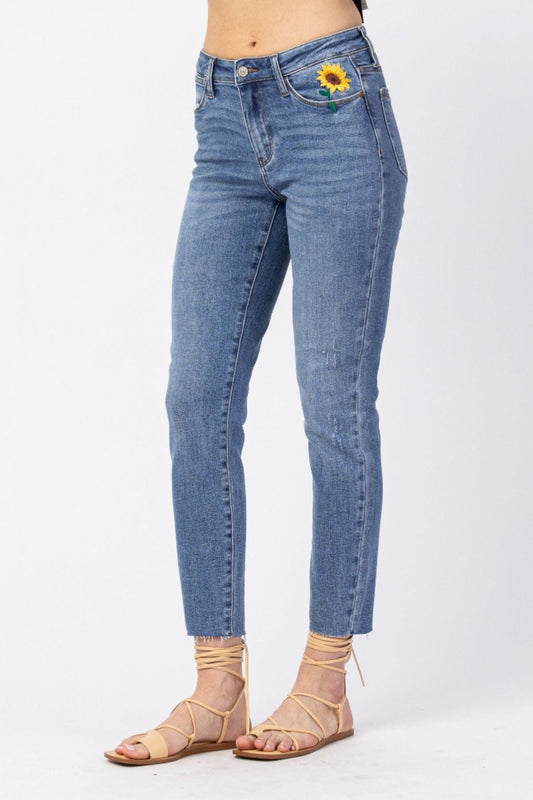 High Rise Relaxed Sunflower Embroidery Jeans By Judy Blue