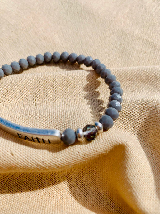 Cre8ed2Luv’s Silvertone Faith Bar Ash Gray Beaded Bracelet